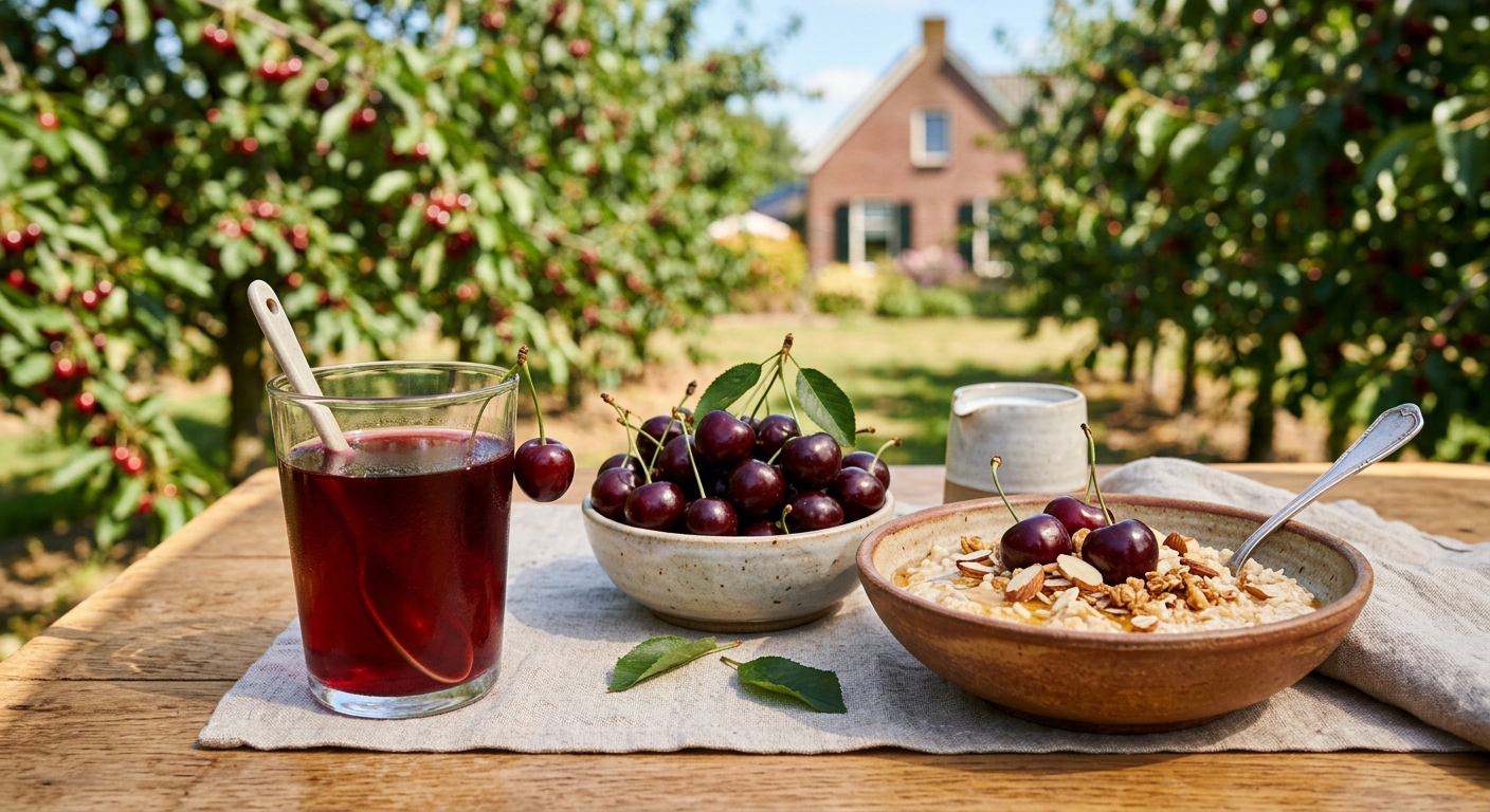 Glas puur kersensap bij een gezond ontbijt